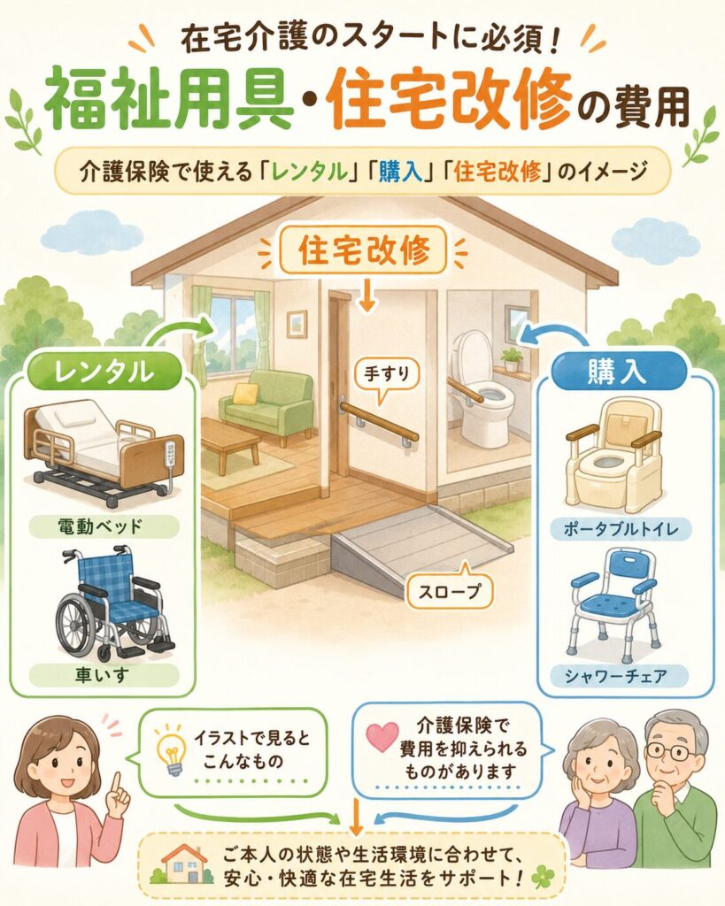 在宅介護で必須な福祉用具と住宅改修の使い方について一つの家を例にイラストにしました