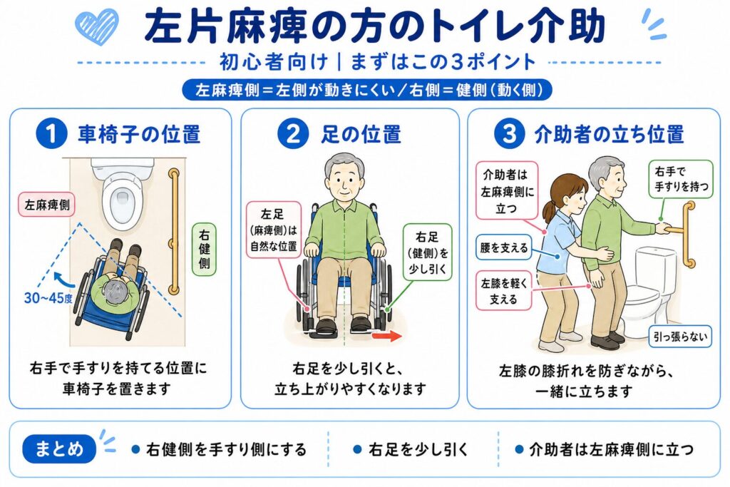 左片麻痺の方のトイレ介助のイラスト