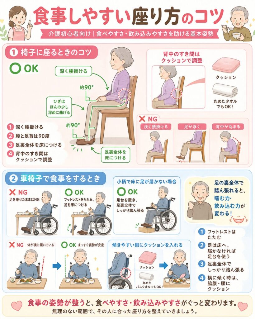 椅子と車椅子で食事する際の座り方のイラスト。