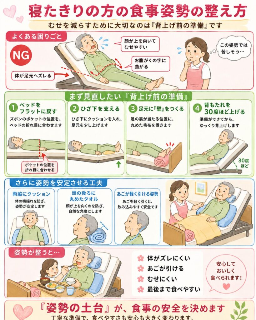 寝たきりの方の食事介助の時の姿勢の整え方を解説したイラスト
