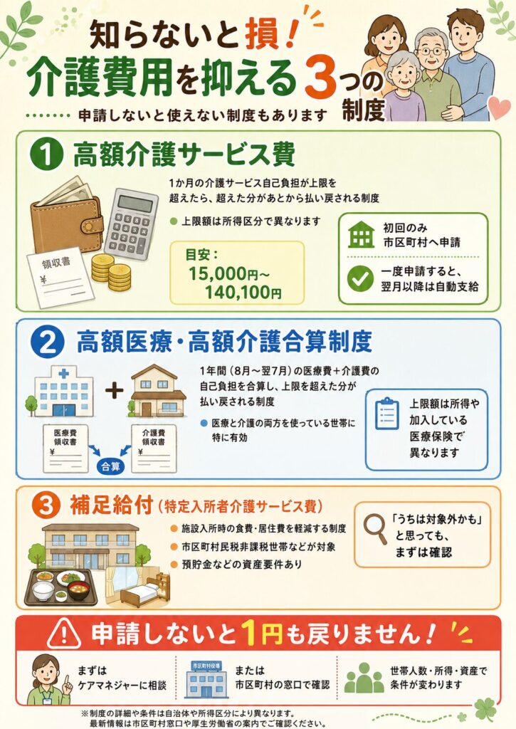介護費用を抑えるために申請するべき3つの制度の簡単な説明イラスト