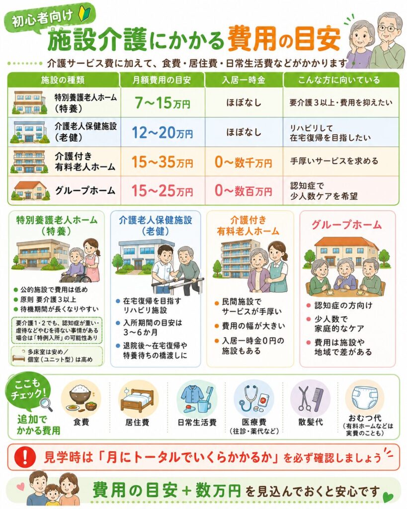 施設介護の費用の目安について簡単に説明するイラスト