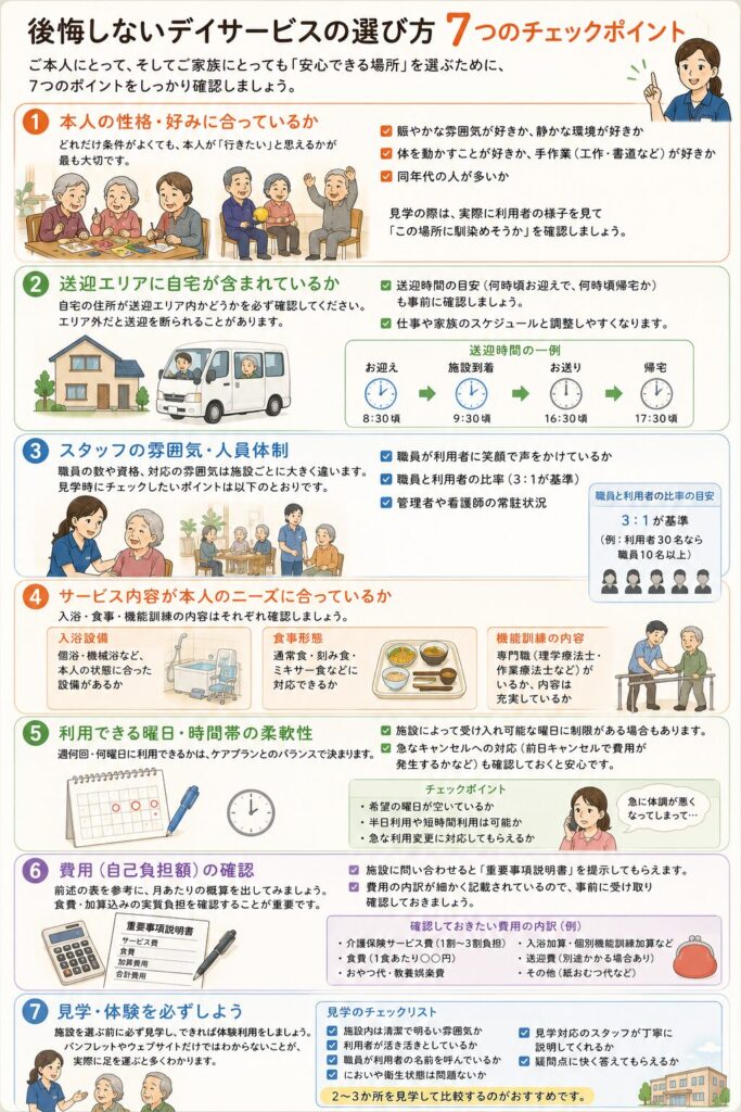 デイサービスの選び方を7ポイントで解説したイラスト